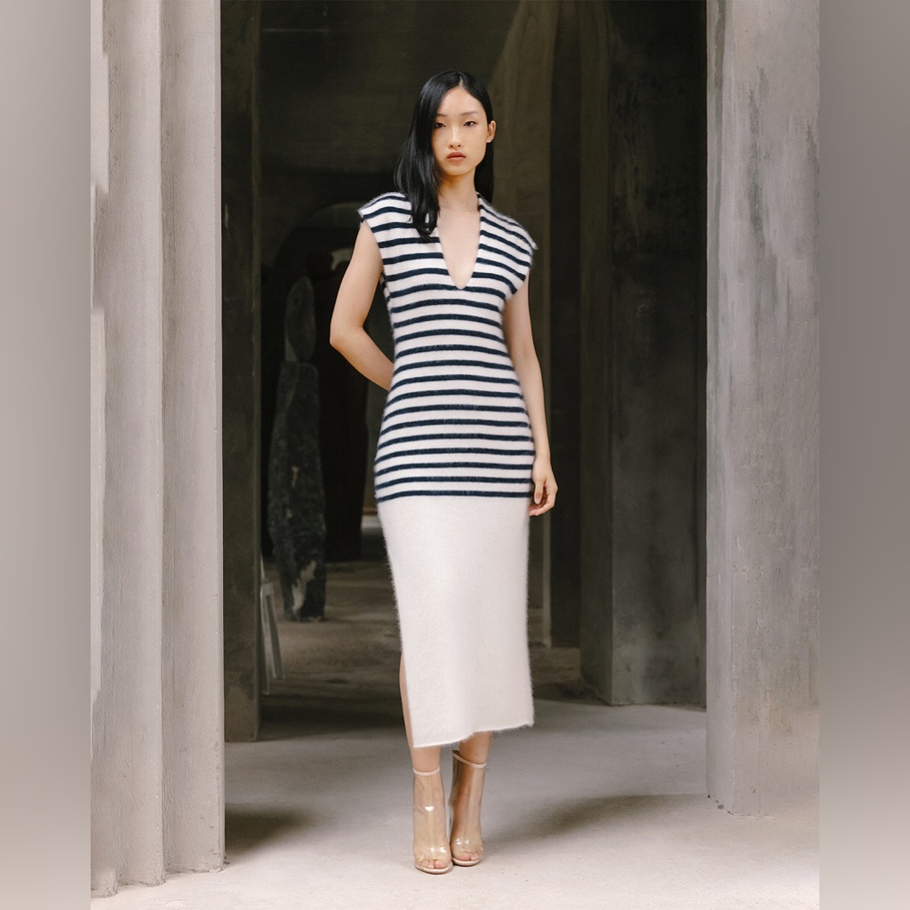 Mes Demoiselles Paris 100% Raccoon Hair Navy And Cream Juliet Dress